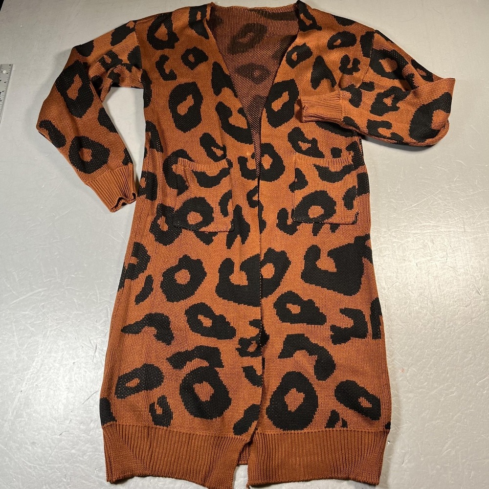 Vestidos Cardigan‎ Sweater Womens Small Brown Black Knit Leopard Long Open Front
